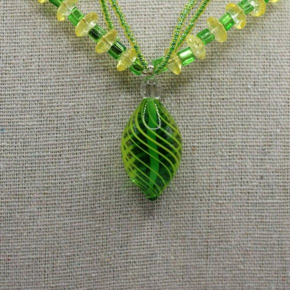 Vintage Three Strand Necklace Bracelet Set Blown Glass Pendent Beaded Gold Tone - Picture 5 of 6